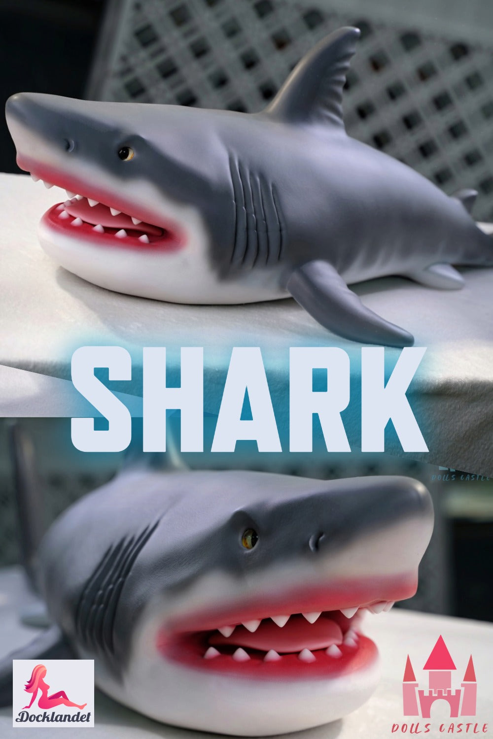 Realistic shark doll i silicone with gray and white color, open gap with white teeth and pink mouth, close-up showing detail and texture.