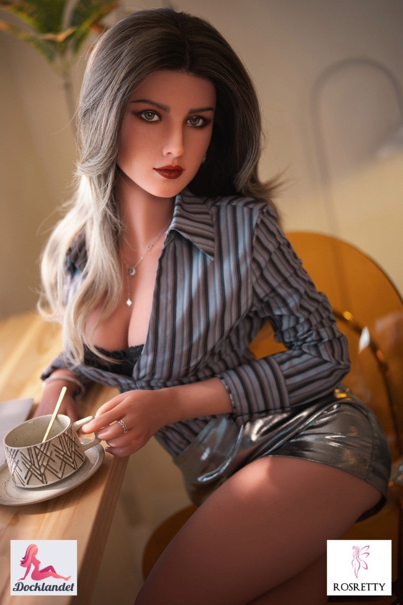 Boneca sexual realista Nicky com longos cabelos castanhos e olhos profundos